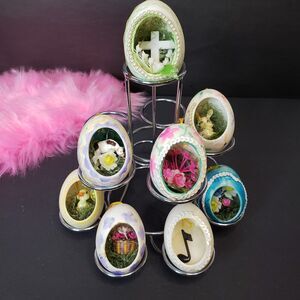 Lot of 8 Vintage Kitschy Hand Painted Plastic Easter Egg Dioramas